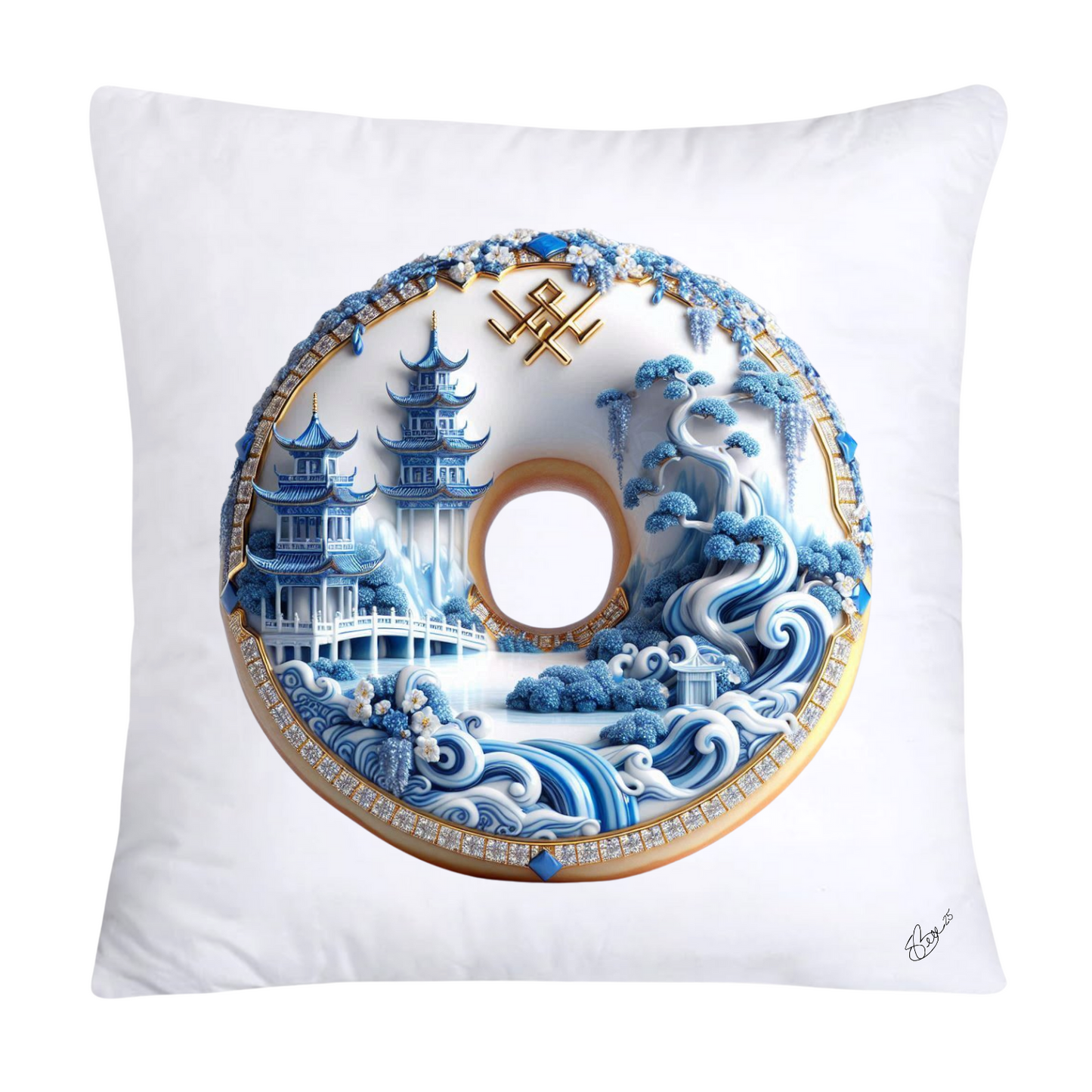 Whimsical Blue Willow Donut Throw Pillow Covers 18x18-1262