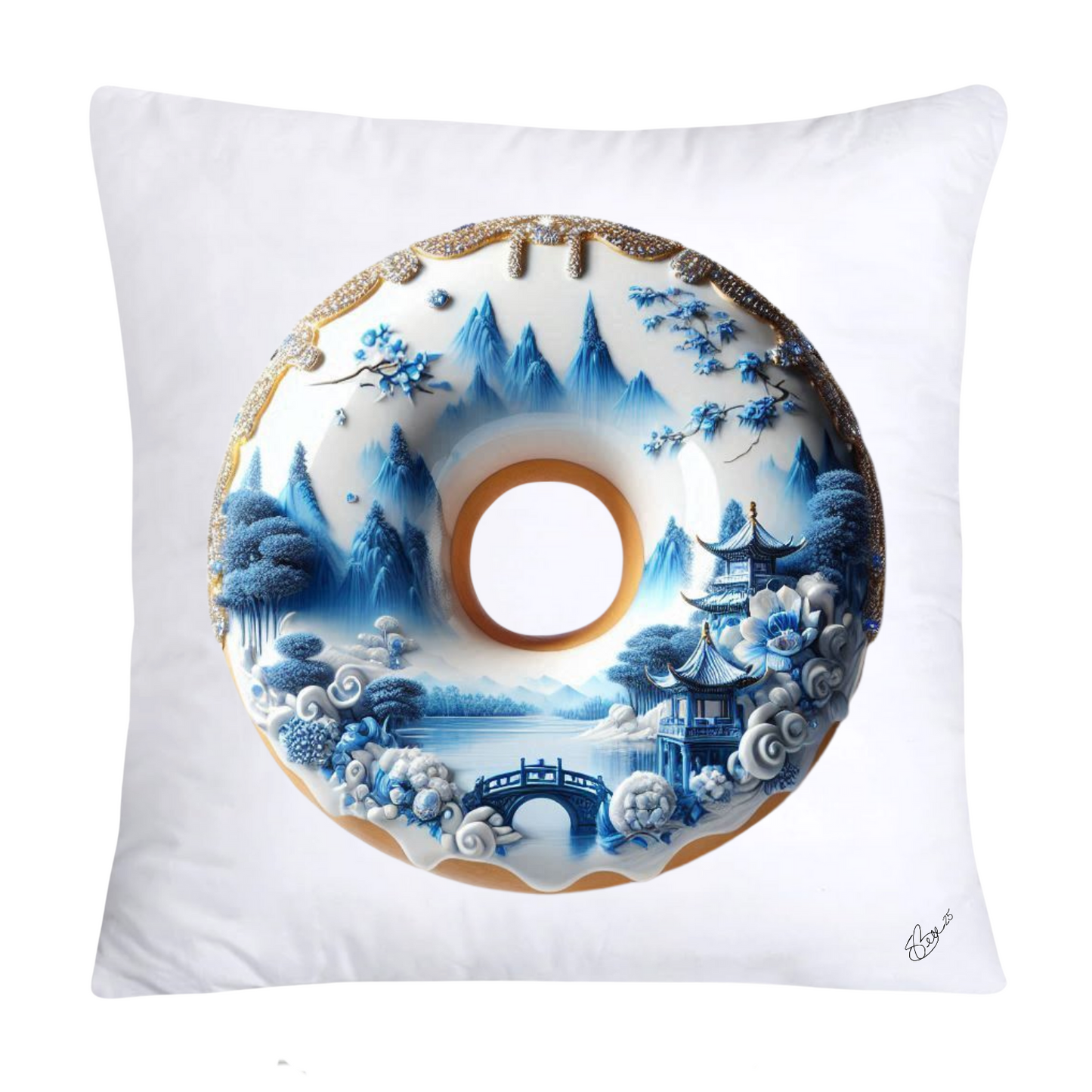 Whimsical Blue Willow Donut Throw Pillow Covers 18x18-1356