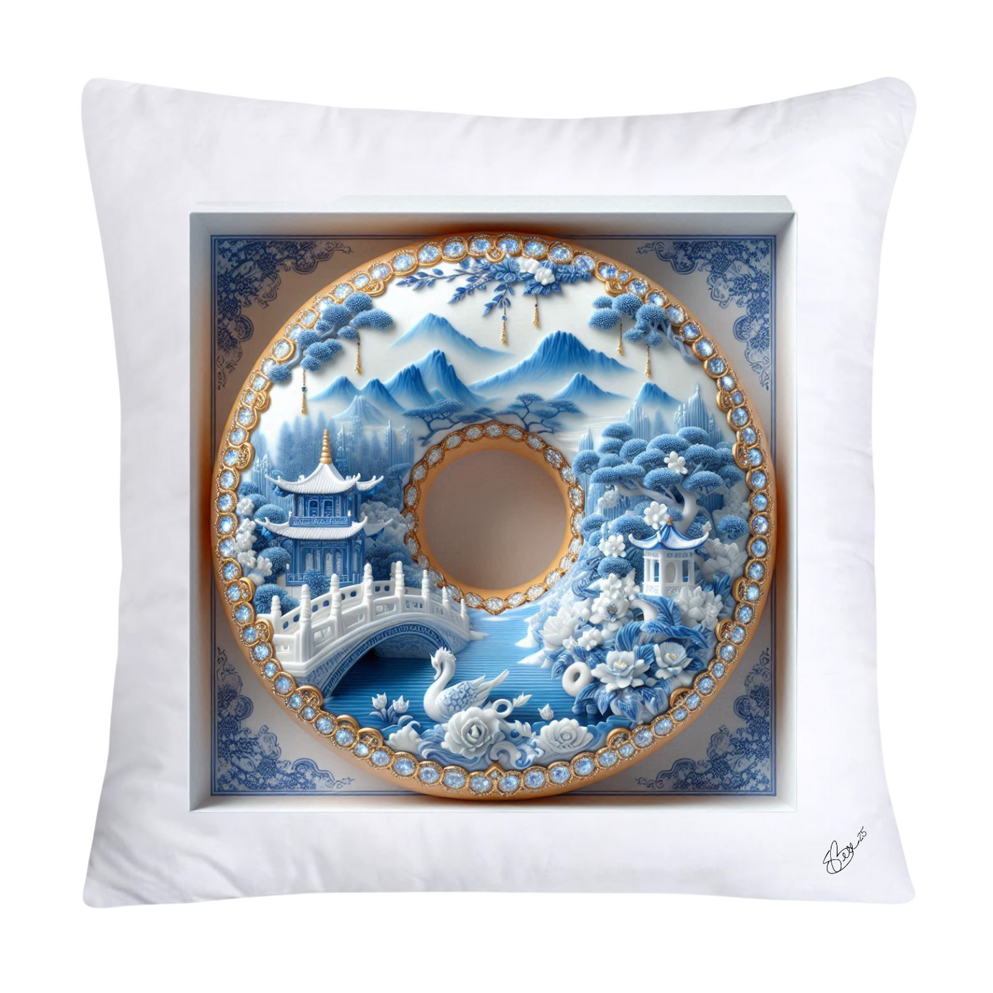 Whimsical Blue Willow Donut Throw Pillow Covers 18x18-1268