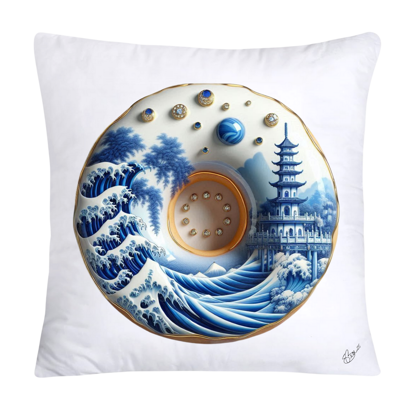 Whimsical Blue Willow Donut Throw Pillow Covers 18x18-1319