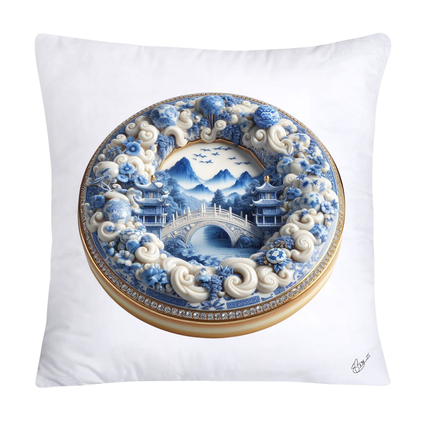 Whimsical Blue Willow Donut Throw Pillow Covers 18x18-1301