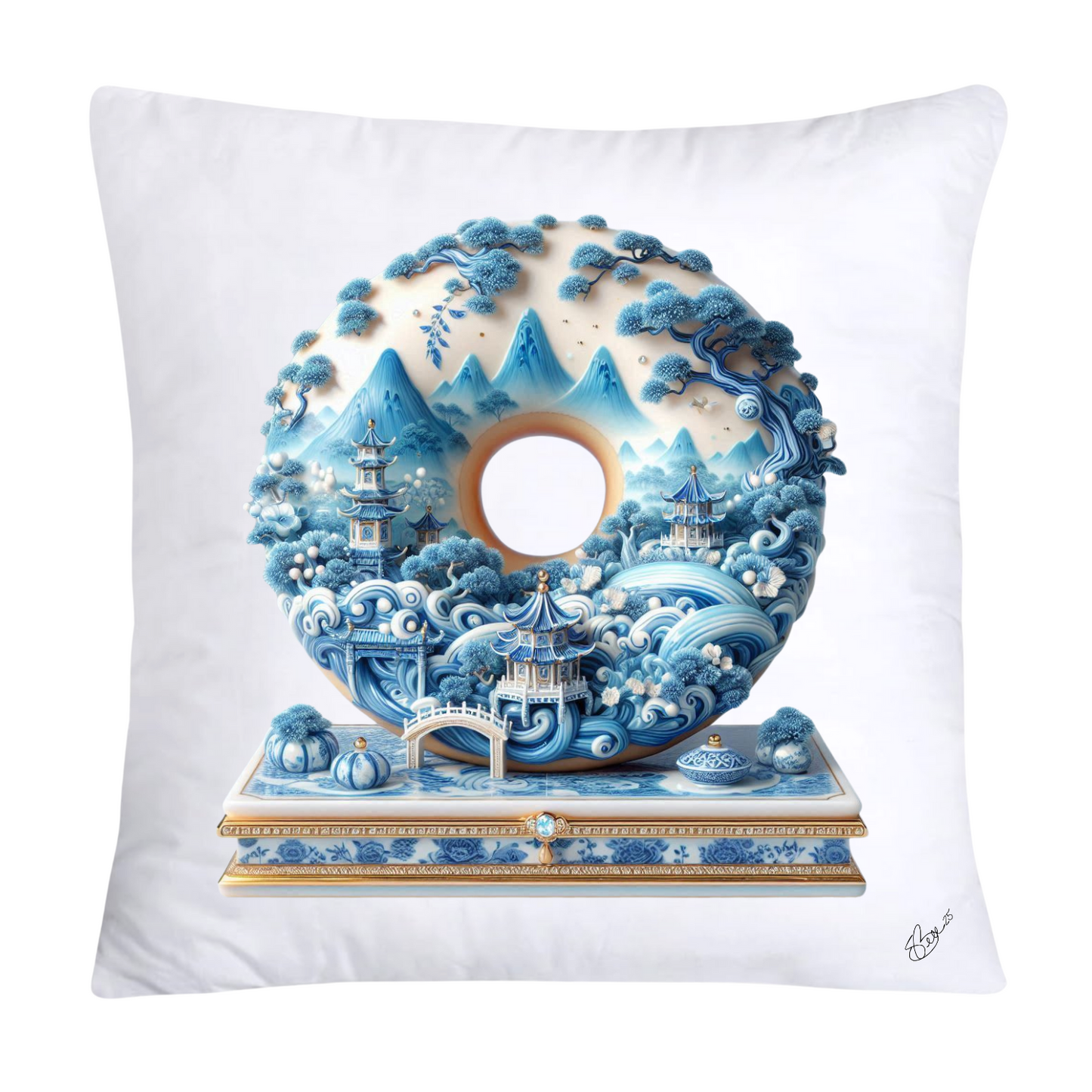 Whimsical Blue Willow Donut Throw Pillow Covers 18x18-1358