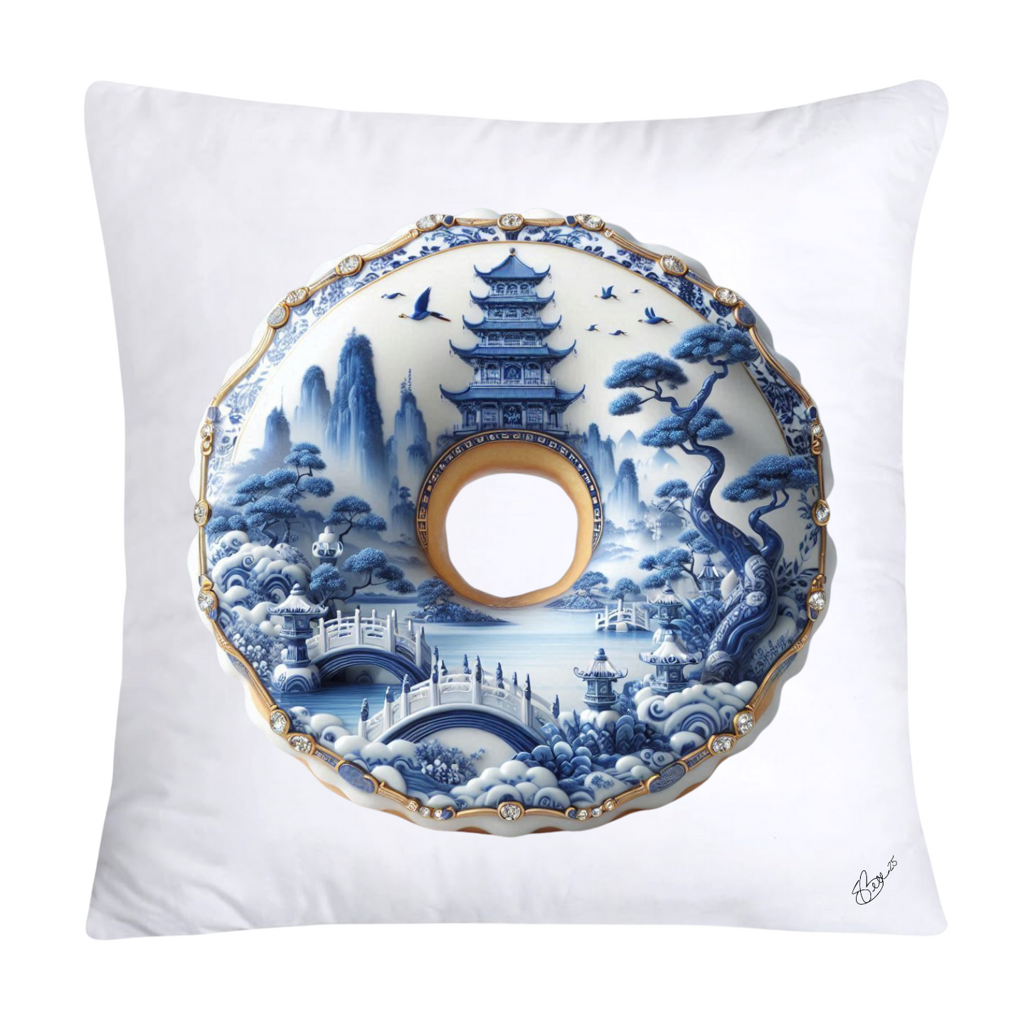 Whimsical Blue Willow Donut Throw Pillow Covers 18x18-1309