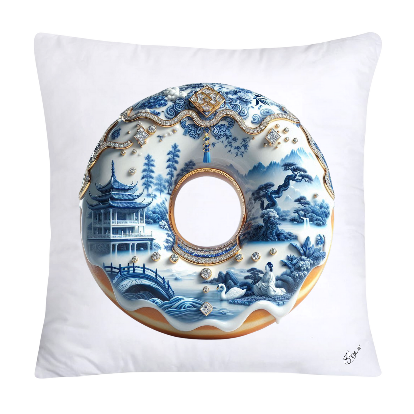 Whimsical Blue Willow Donut Throw Pillow Covers 18x18-1308