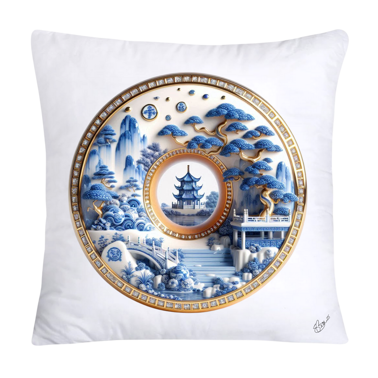 Whimsical Blue Willow Donut Throw Pillow Covers 18x18-1345