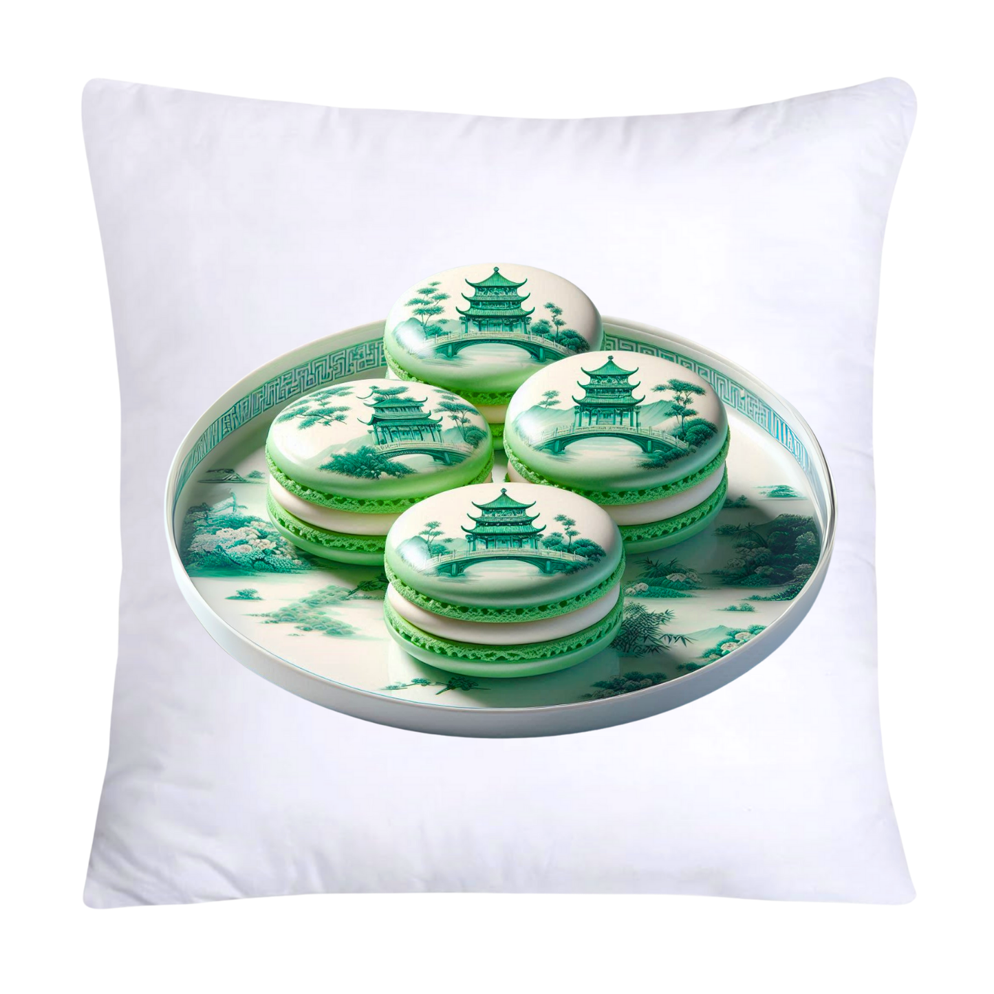 Green and White Willow Chinoiserie Sweet Macaroon Throw Pillow Covers-3918