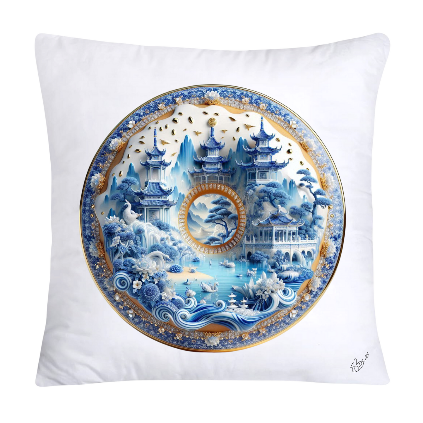 Whimsical Blue Willow Donut Throw Pillow Covers 18x18-1330
