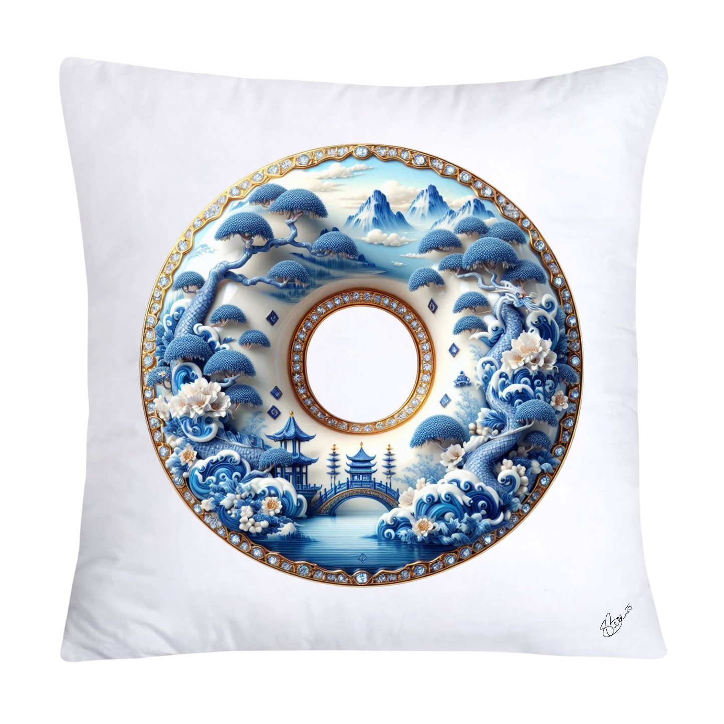 Whimsical Blue Willow Donut Throw Pillow Covers 18x18-1263
