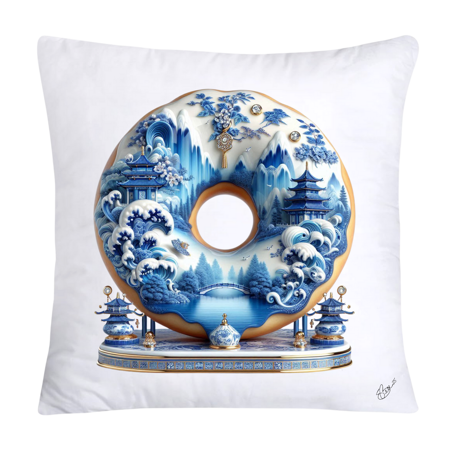 Whimsical Blue Willow Donut Throw Pillow Covers 18x18-1265