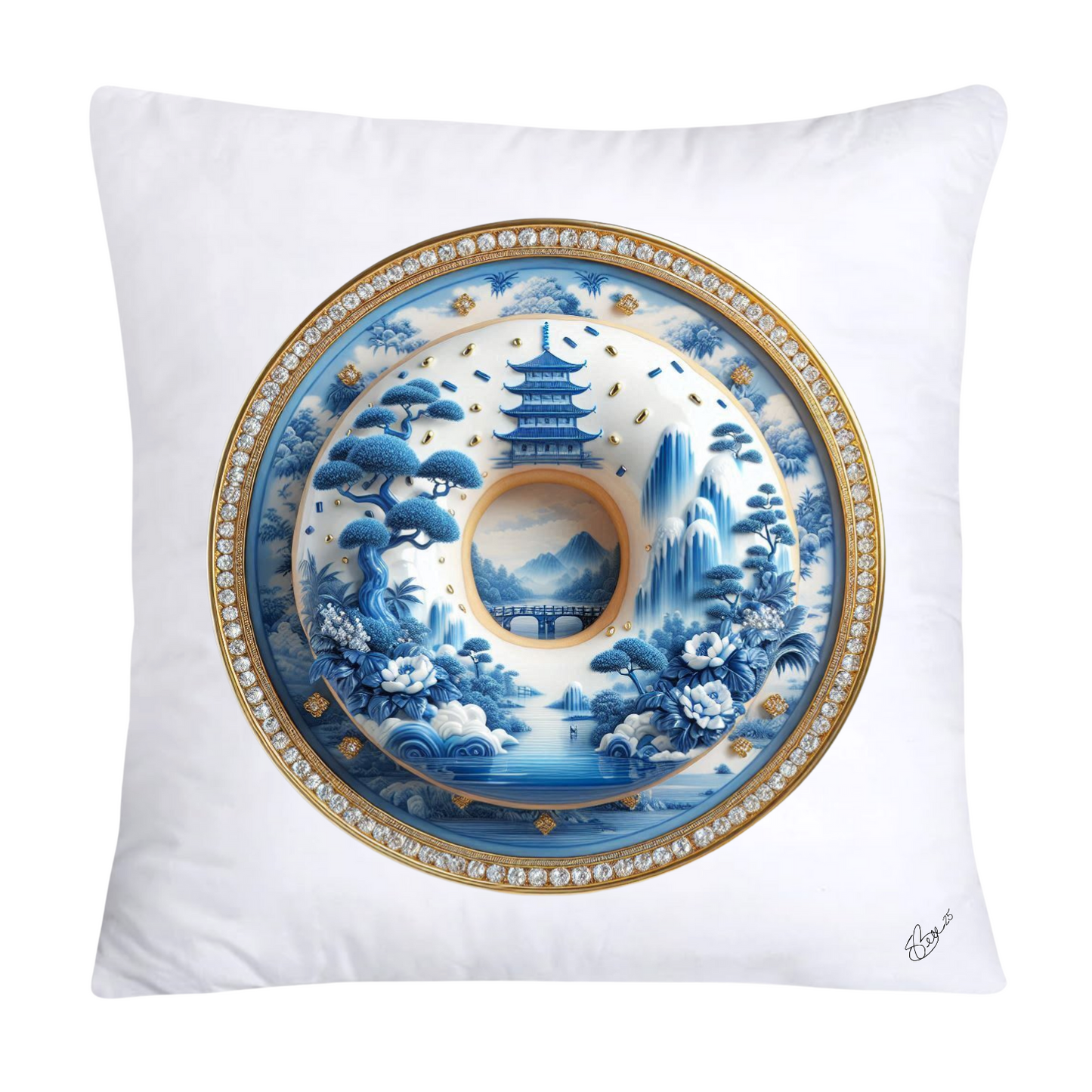 Whimsical Blue Willow Donut Throw Pillow Covers 18x18-1333