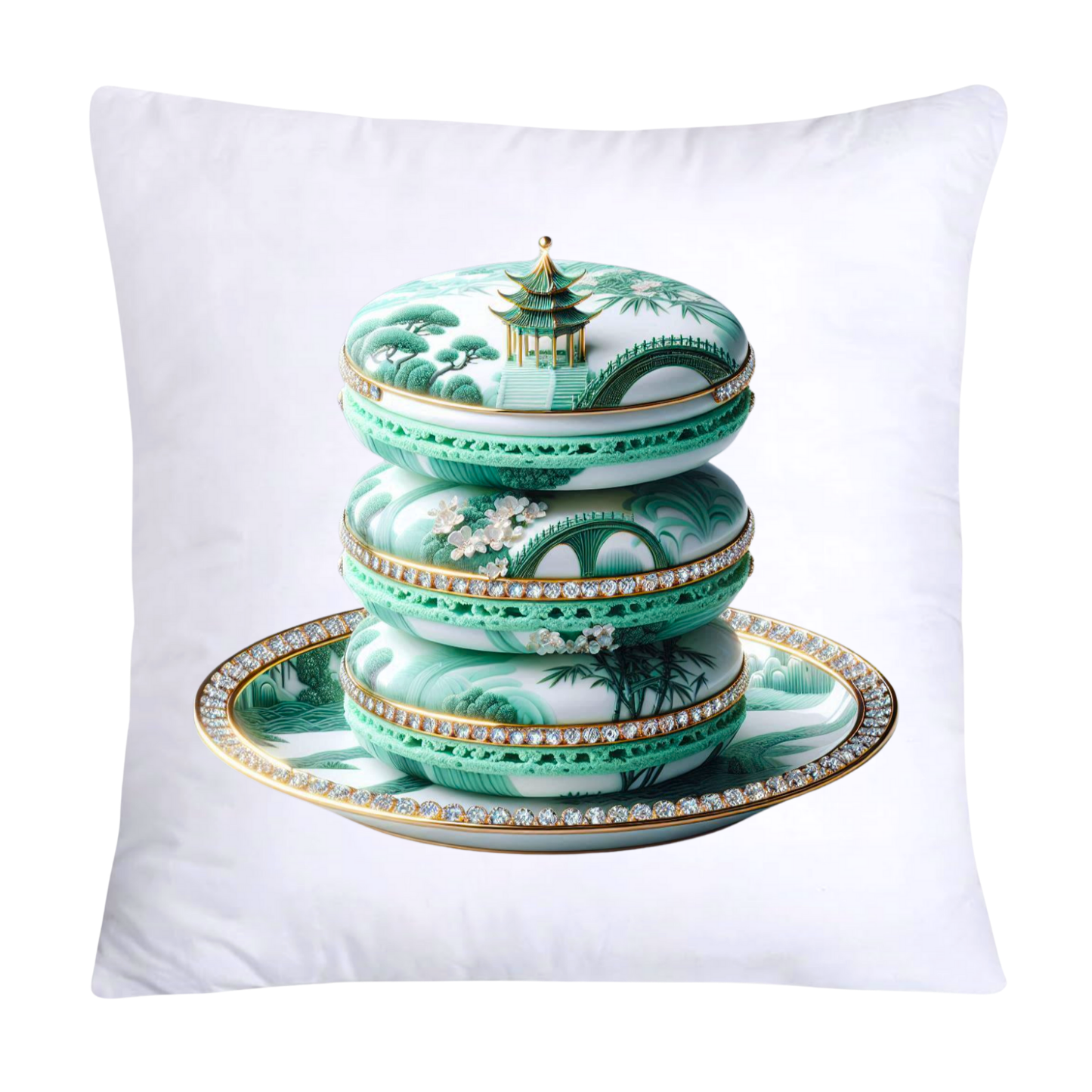 Green and White Willow Chinoiserie Sweet Macaroon Throw Pillow Covers-3919