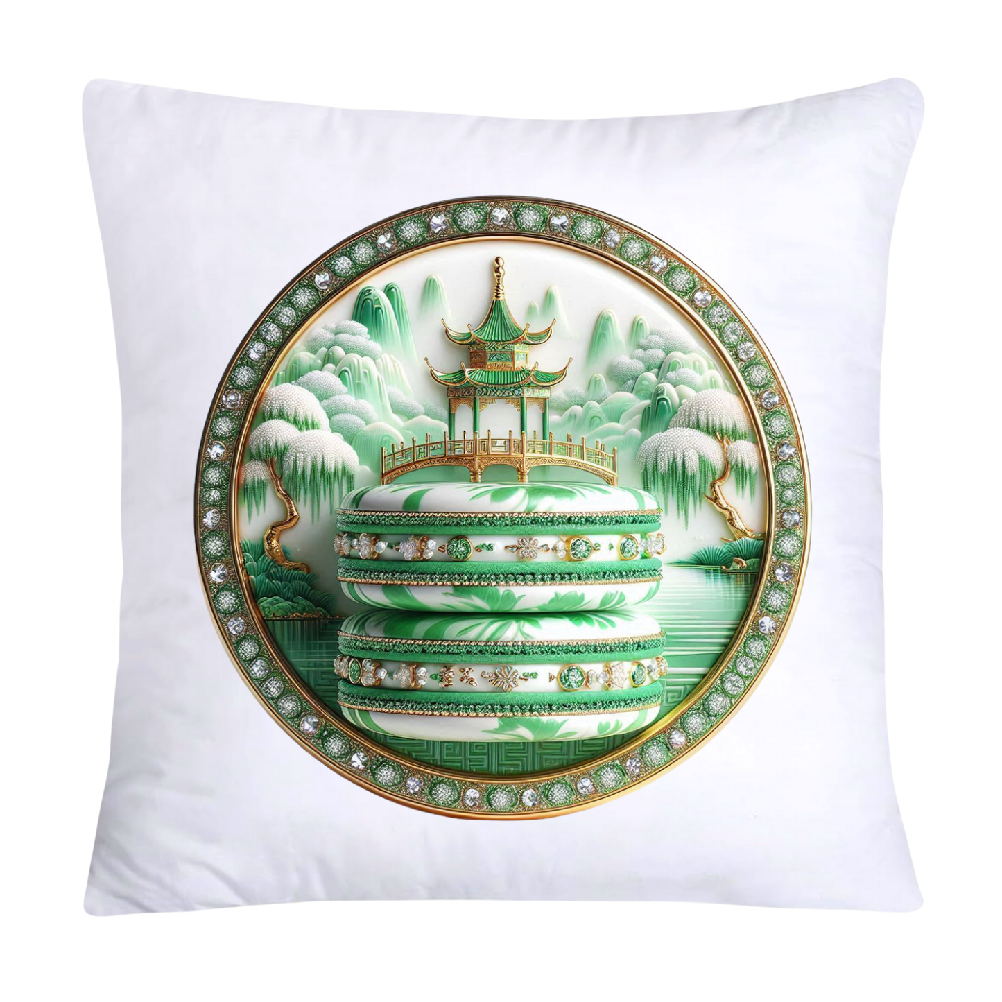 Green and White Willow Chinoiserie Sweet Macaroon Throw Pillow Covers-3928