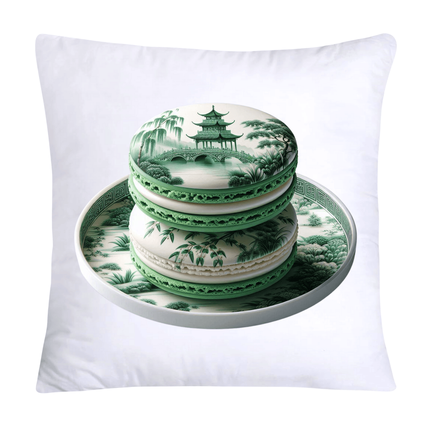 Green and White Willow Chinoiserie Sweet Macaroon Throw Pillow Covers-3939