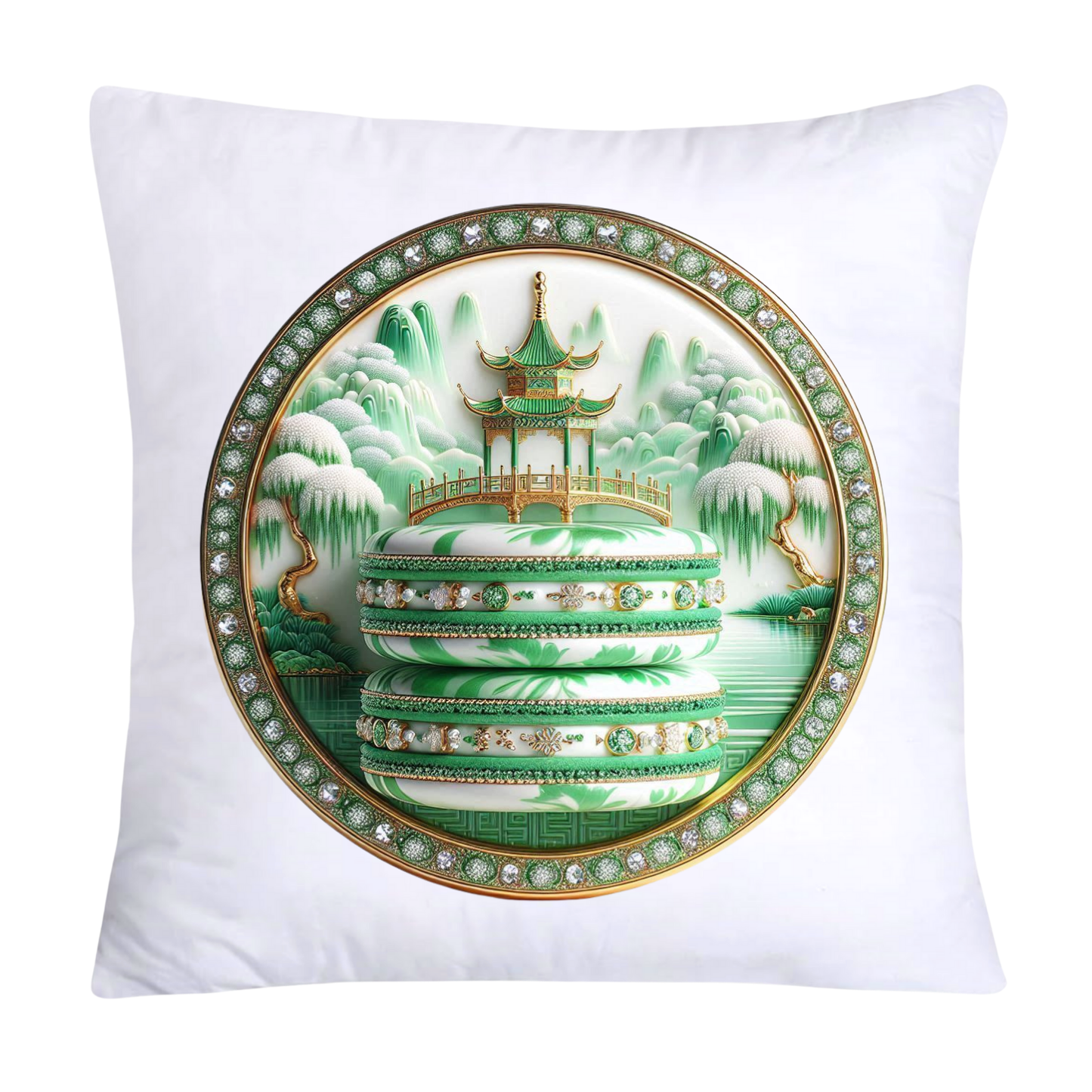 Green and White Willow Chinoiserie Sweet Macaroon Throw Pillow Covers-3959