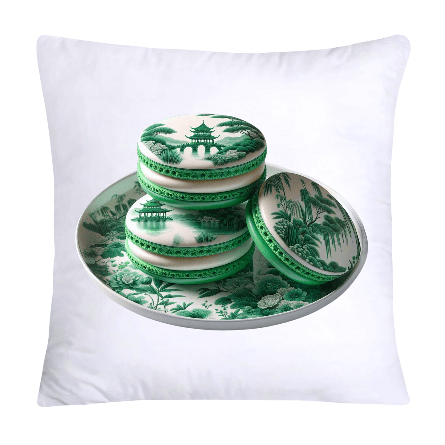 Green and White Willow Chinoiserie Sweet Macaroon Throw Pillow Covers-3935