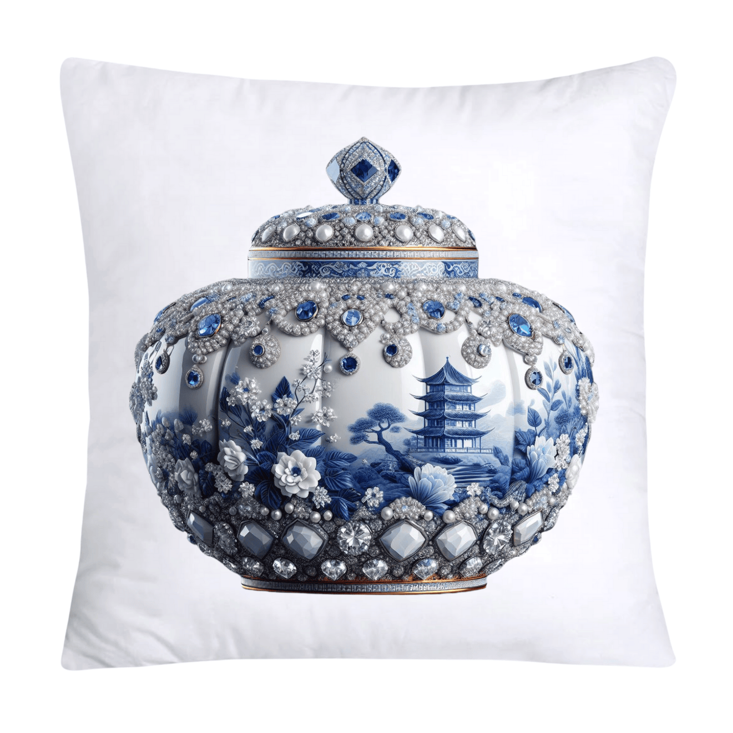 Blue Willow Print Pumpkin Ginger Jar Throw Pillow Covers-6082