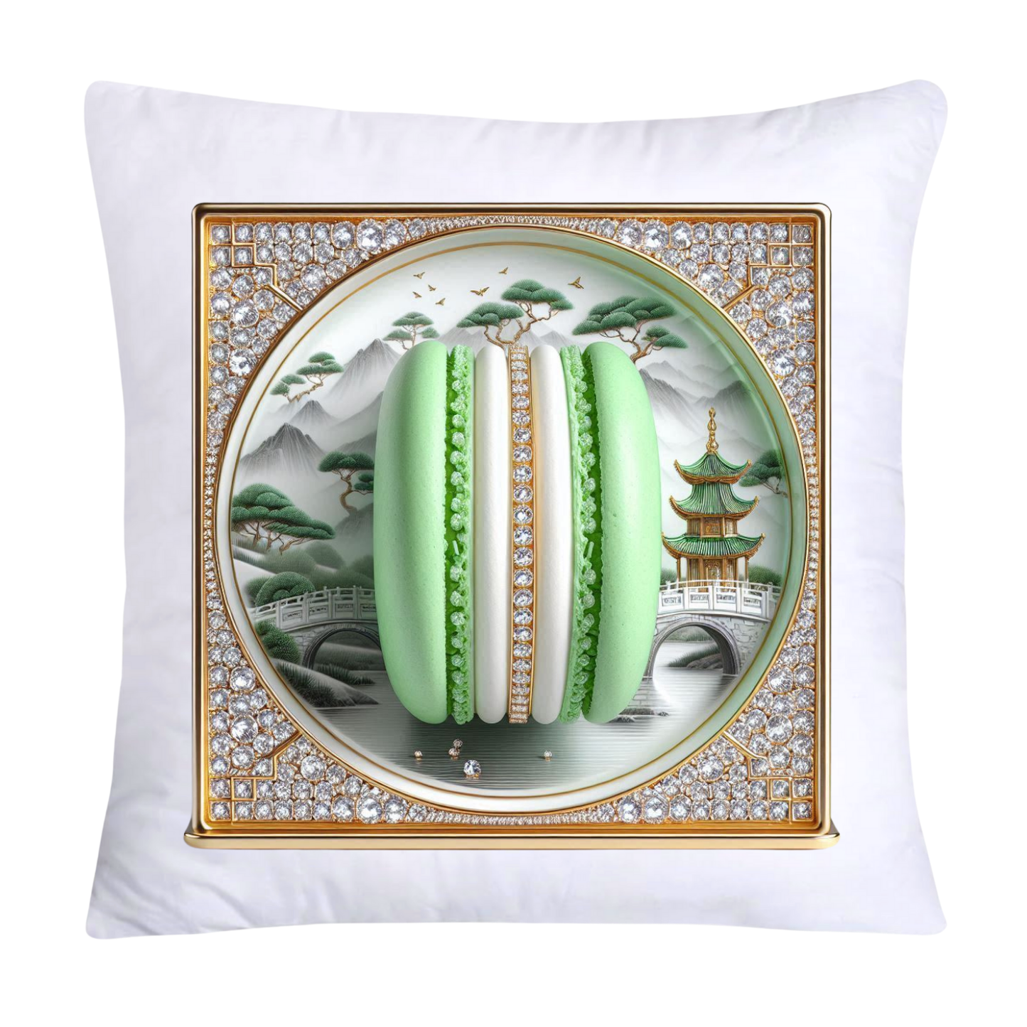 Green and White Willow Chinoiserie Sweet Macaroon Throw Pillow Covers-3951