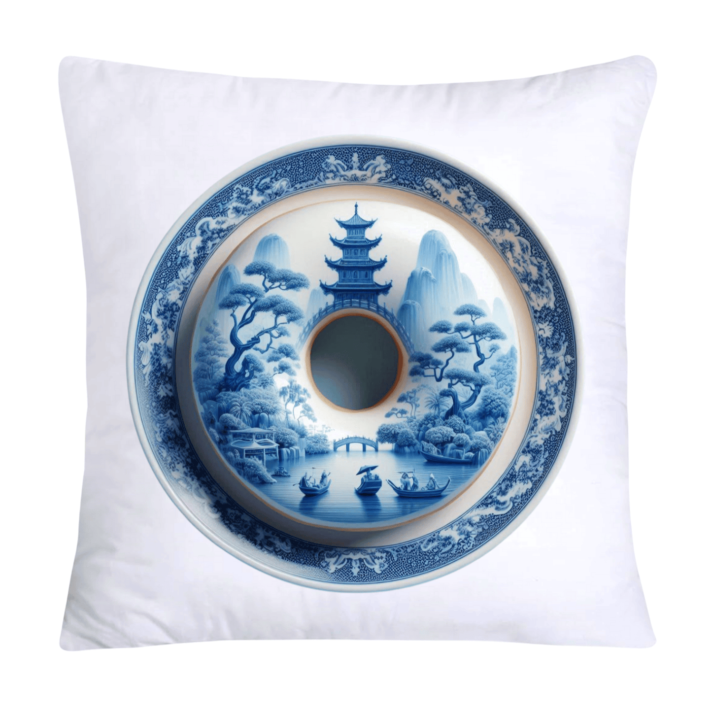 Whimsical Blue Willow Donut Throw Pillow Covers 18x18-813