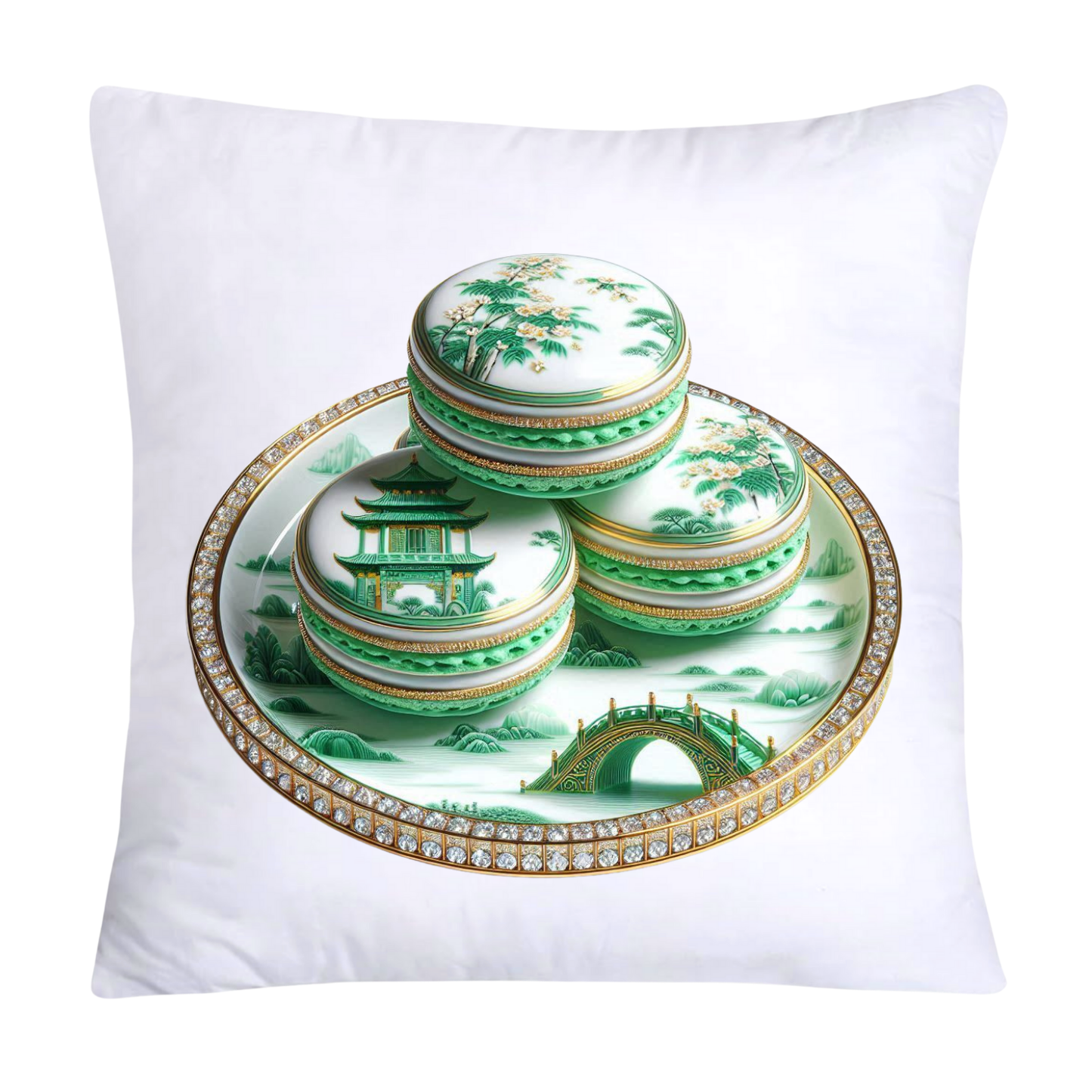 Green and White Willow Chinoiserie Sweet Macaroon Throw Pillow Covers-3945
