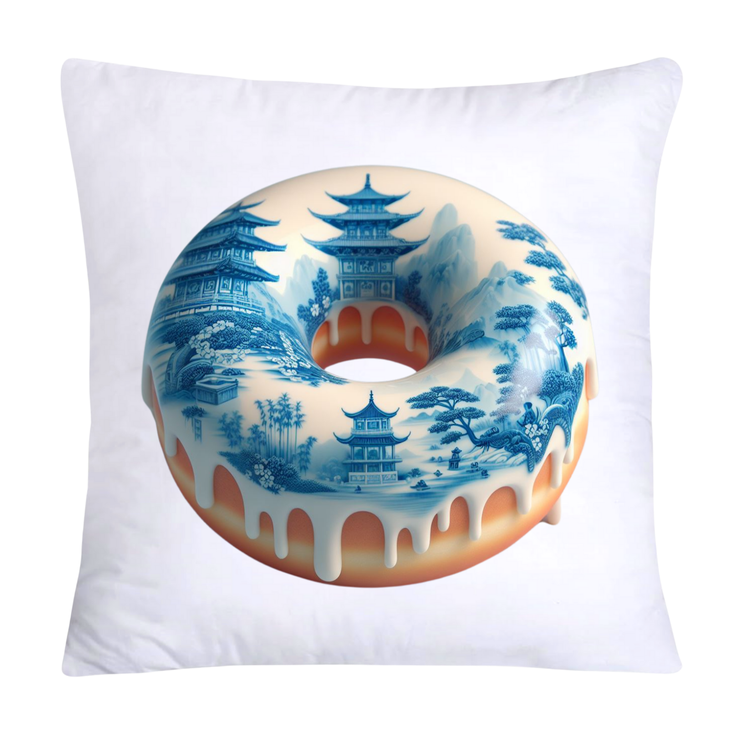 Whimsical Blue Willow Donut Throw Pillow Covers 18x18-1070