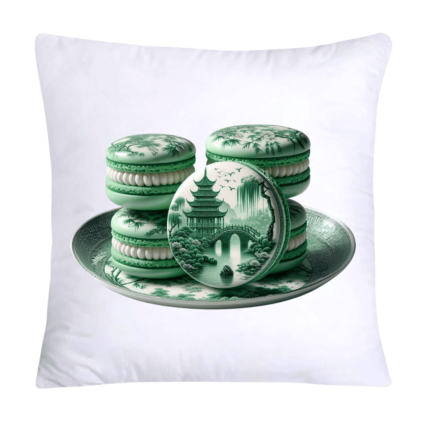 Green and White Willow Chinoiserie Sweet Macaroon Throw Pillow Covers-3920