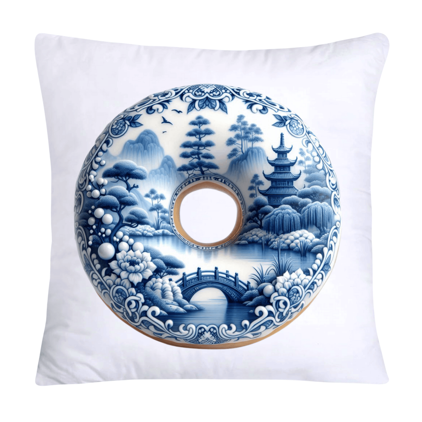 Whimsical Blue Willow Donut Throw Pillow Covers 18x18-809