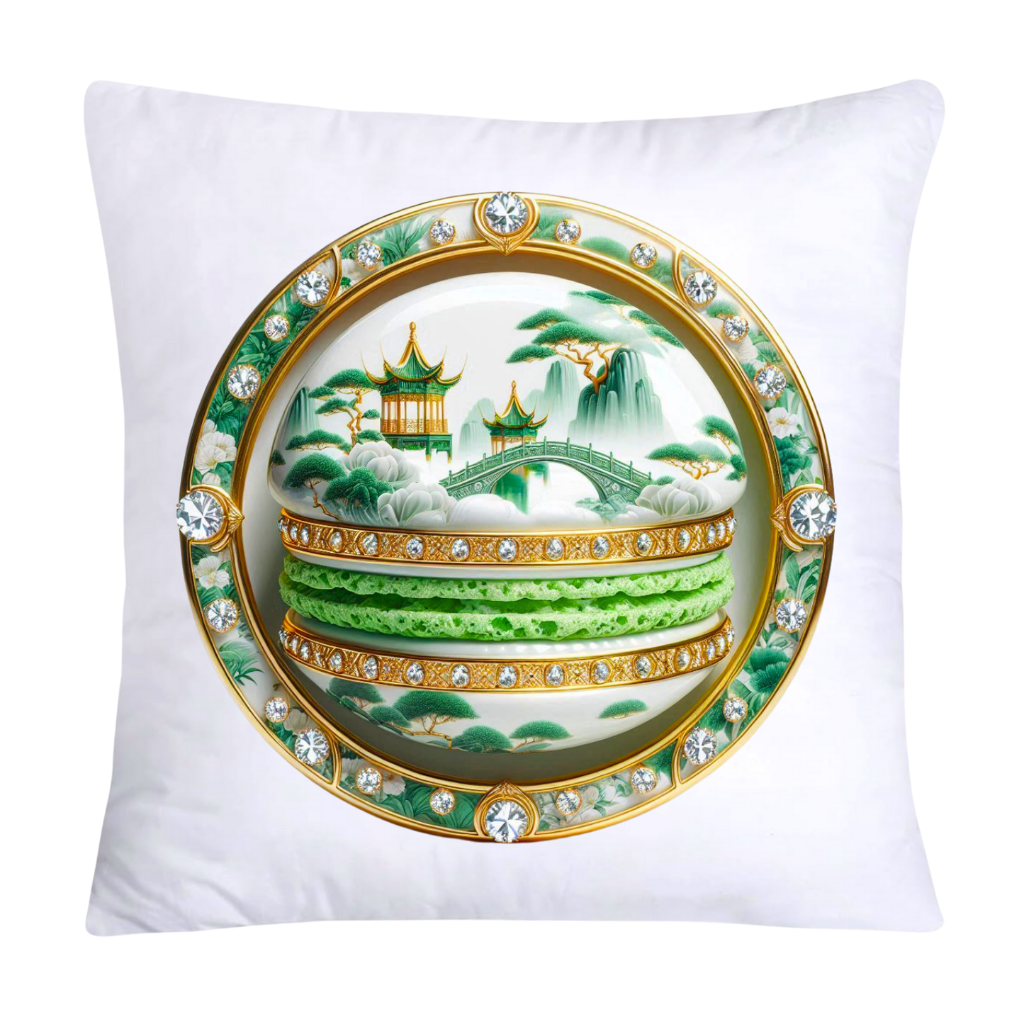 Green and White Willow Chinoiserie Sweet Macaroon Throw Pillow Covers-3953