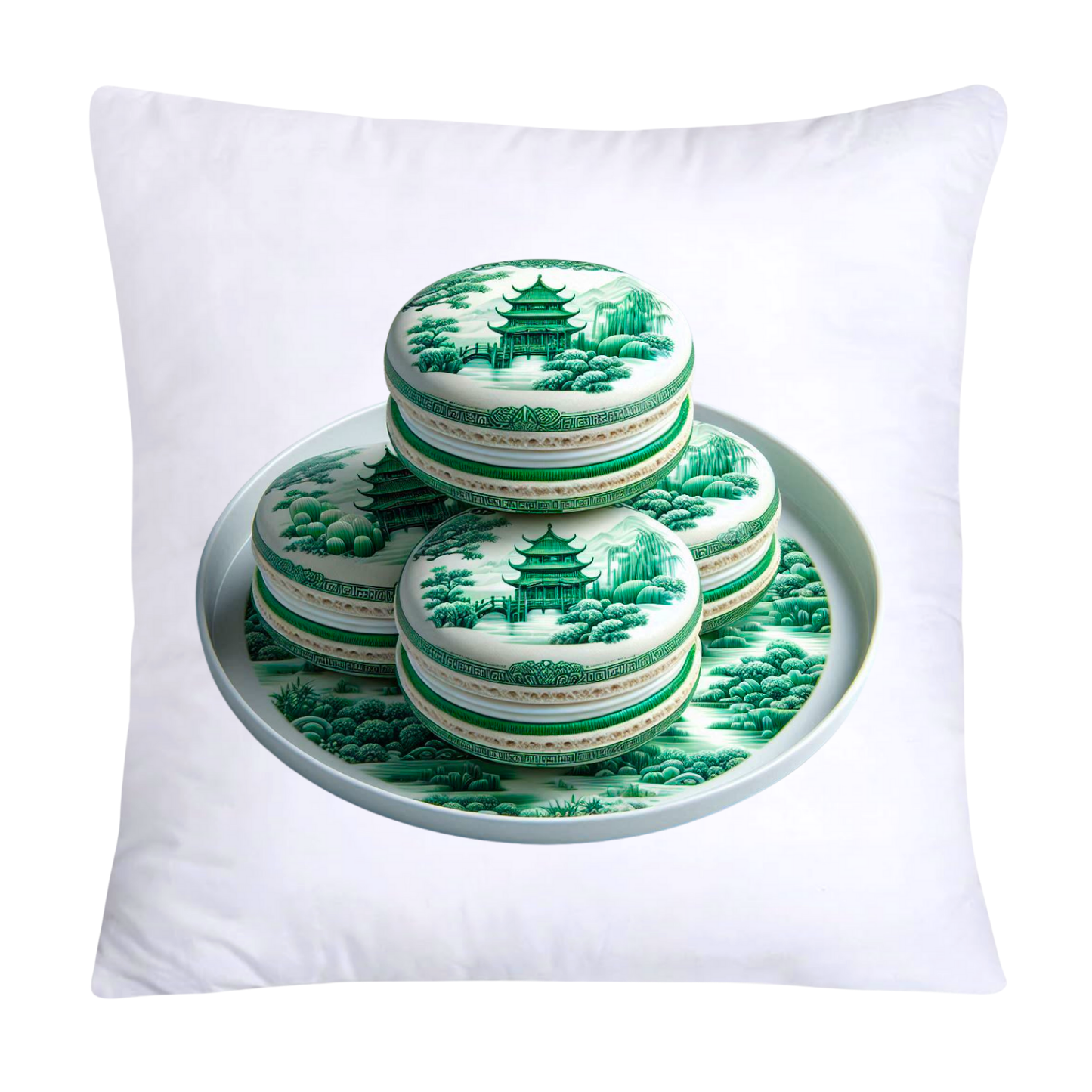 Green and White Willow Chinoiserie Sweet Macaroon Throw Pillow Covers-3924