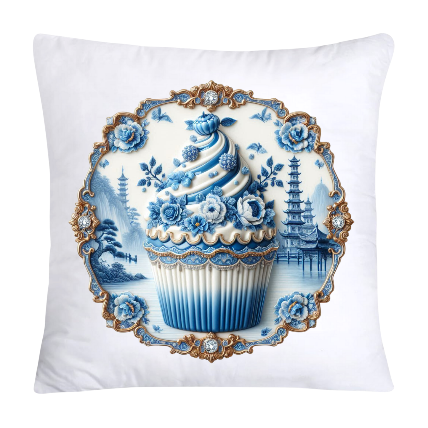 Blue Willow Chinoiserie Cupcake Throw Pillow Covers 18X18-179