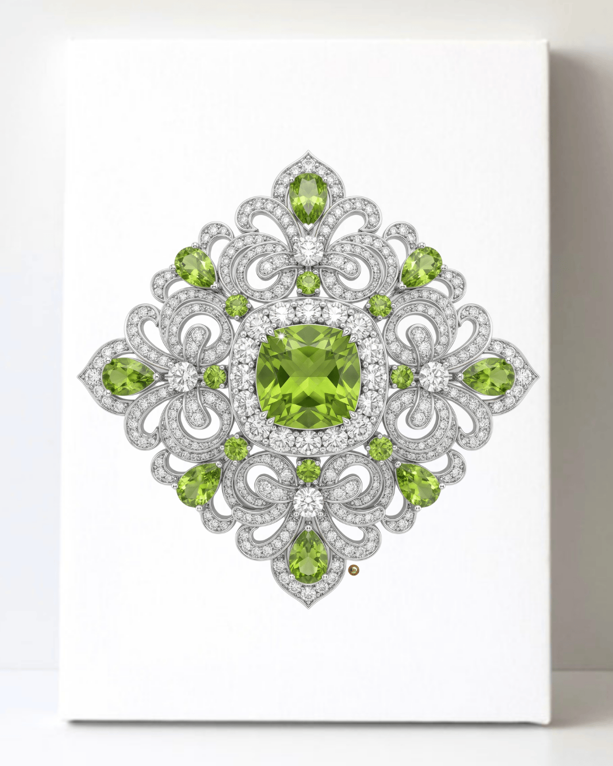 Dazzling Silver Peridot and Diamond Brooch/Pin Canvas Wall Art 8.5x11.5-5653