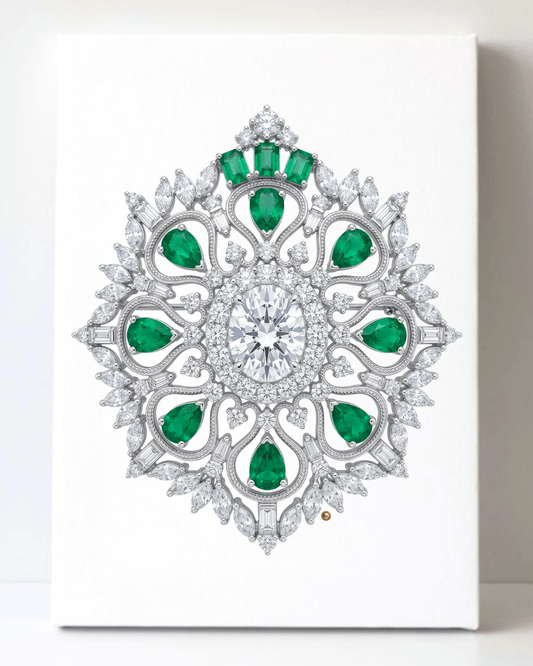 Dazzling Silver Emerald and Diamond Brooch/Pin Canvas Wall Art 8.5x11.5-5670