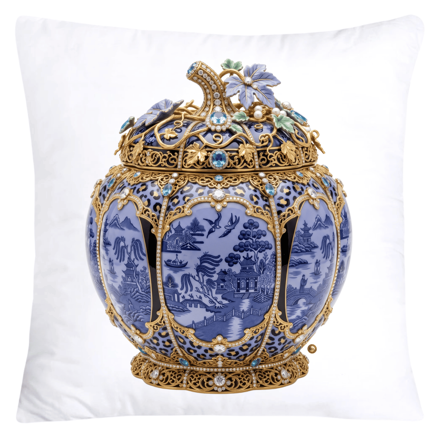 Periwinkle Blue Willow and Leopard Print Pumpkin Ginger Jar Pillow Covers-6056