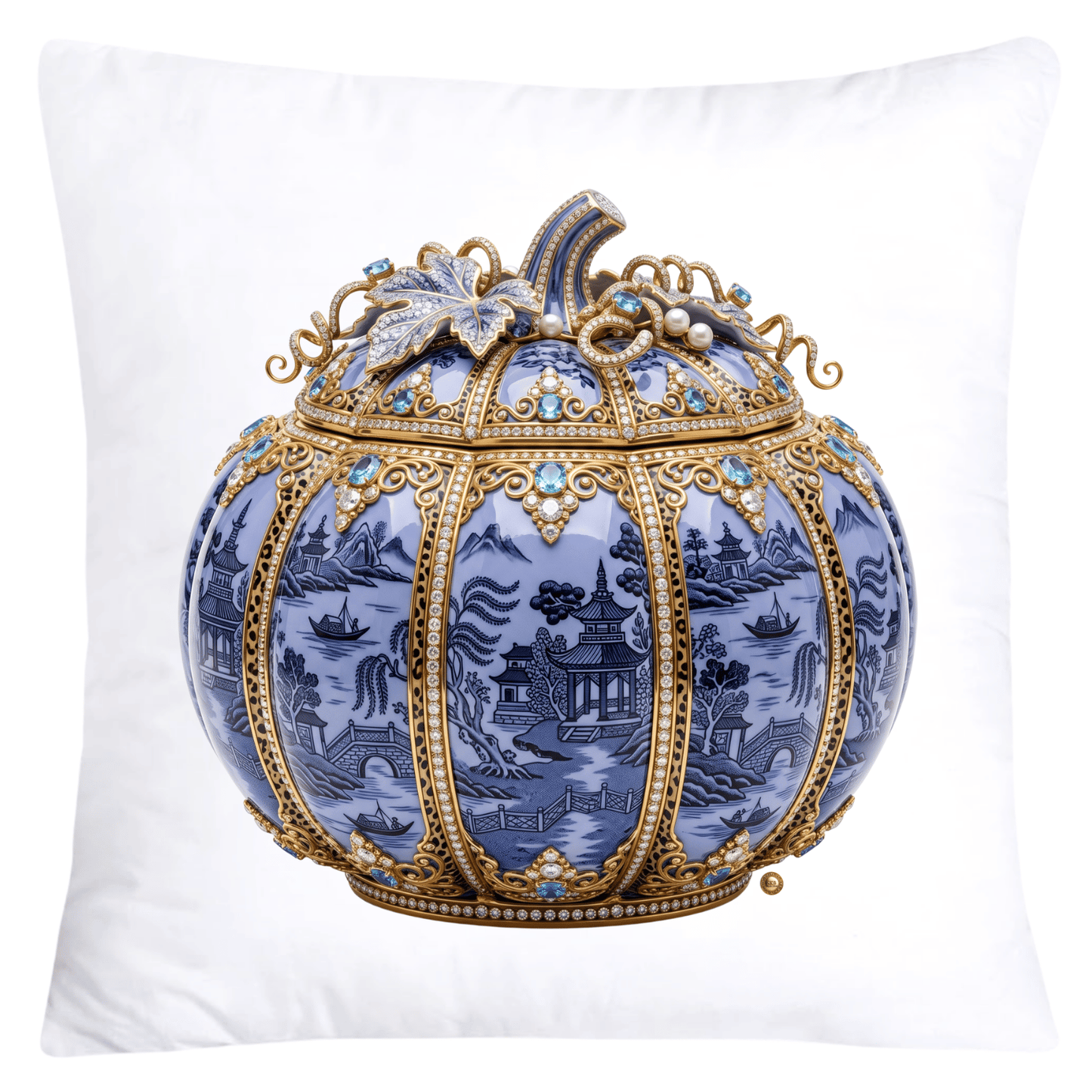 Periwinkle Blue Willow and Leopard Print Pumpkin Ginger Jar Pillow Covers-6057