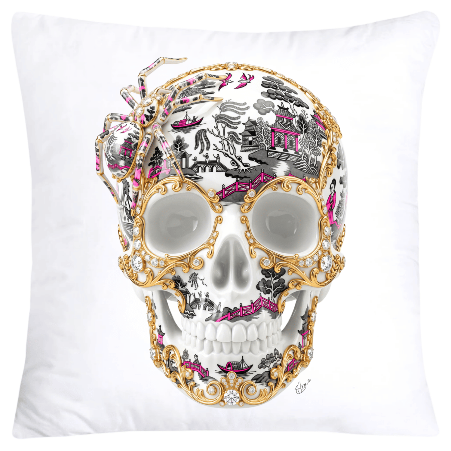 Neon Hot Pink and Black Willow Skull with Gorgeous Spider Pillow Covers 18x18-6159