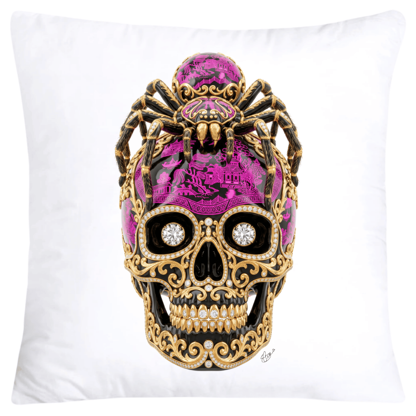 Neon Hot Pink and Black Willow Skull with Gorgeous Spider Pillow Covers 18x18-6154 SKB CREATIVE AI DESIGNS