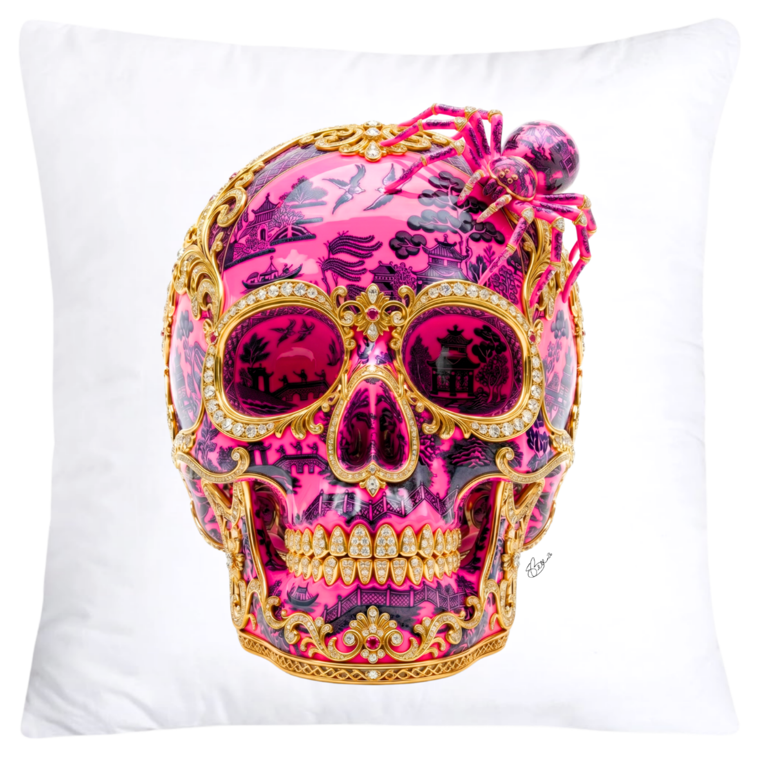 Neon Hot Pink and Black Willow Skull with Gorgeous Spider Pillow Covers 18x18-6155