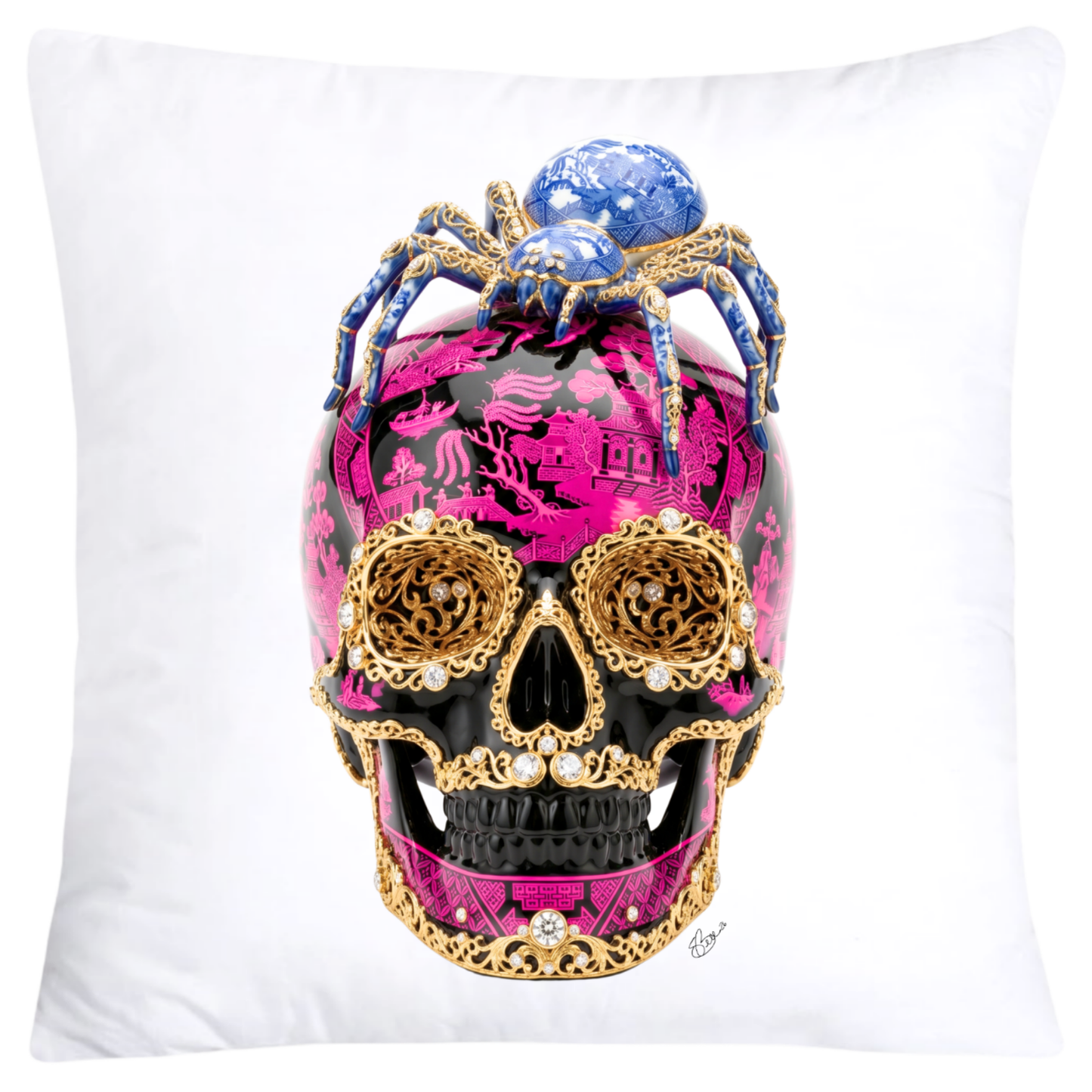 Neon Hot Pink and Black Willow Skull with Gorgeous Spider Pillow Covers 18x18-6158 SKB CREATIVE AI DESIGNS