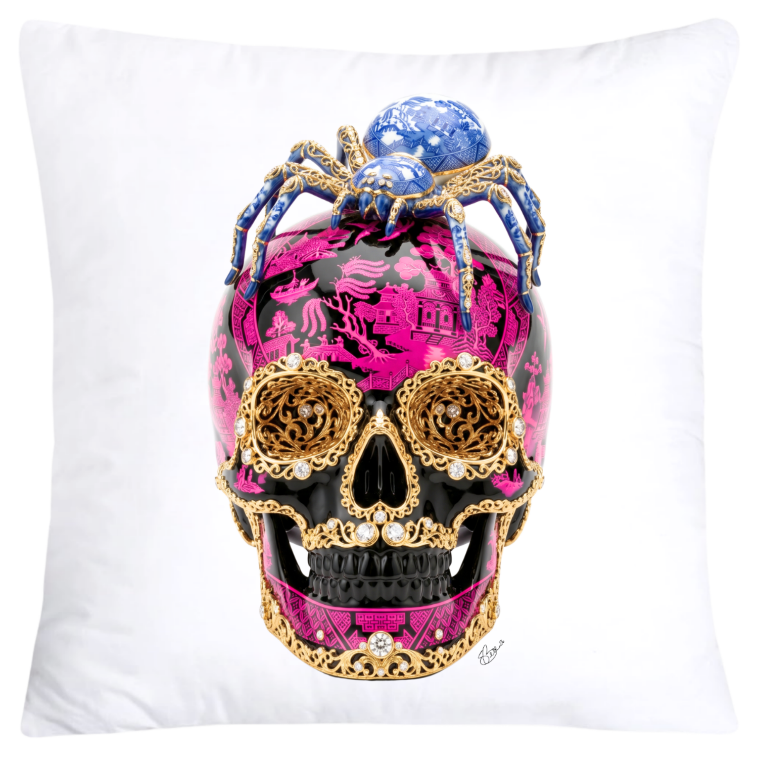 Neon Hot Pink and Black Willow Skull with Gorgeous Spider Pillow Covers 18x18-6158