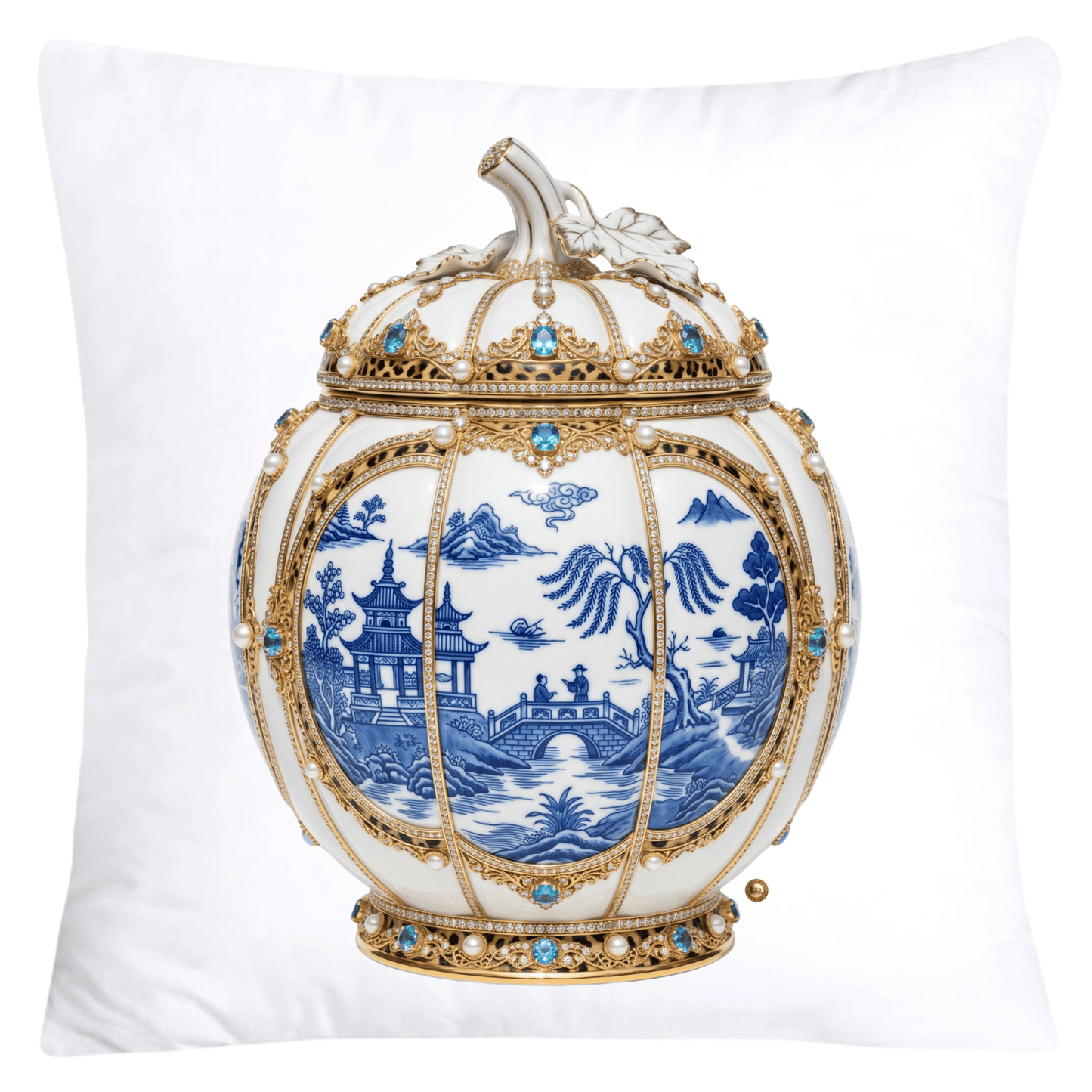 Blue Willow and Leopard Print Pumpkin Ginger Jar Pillow Covers-6048