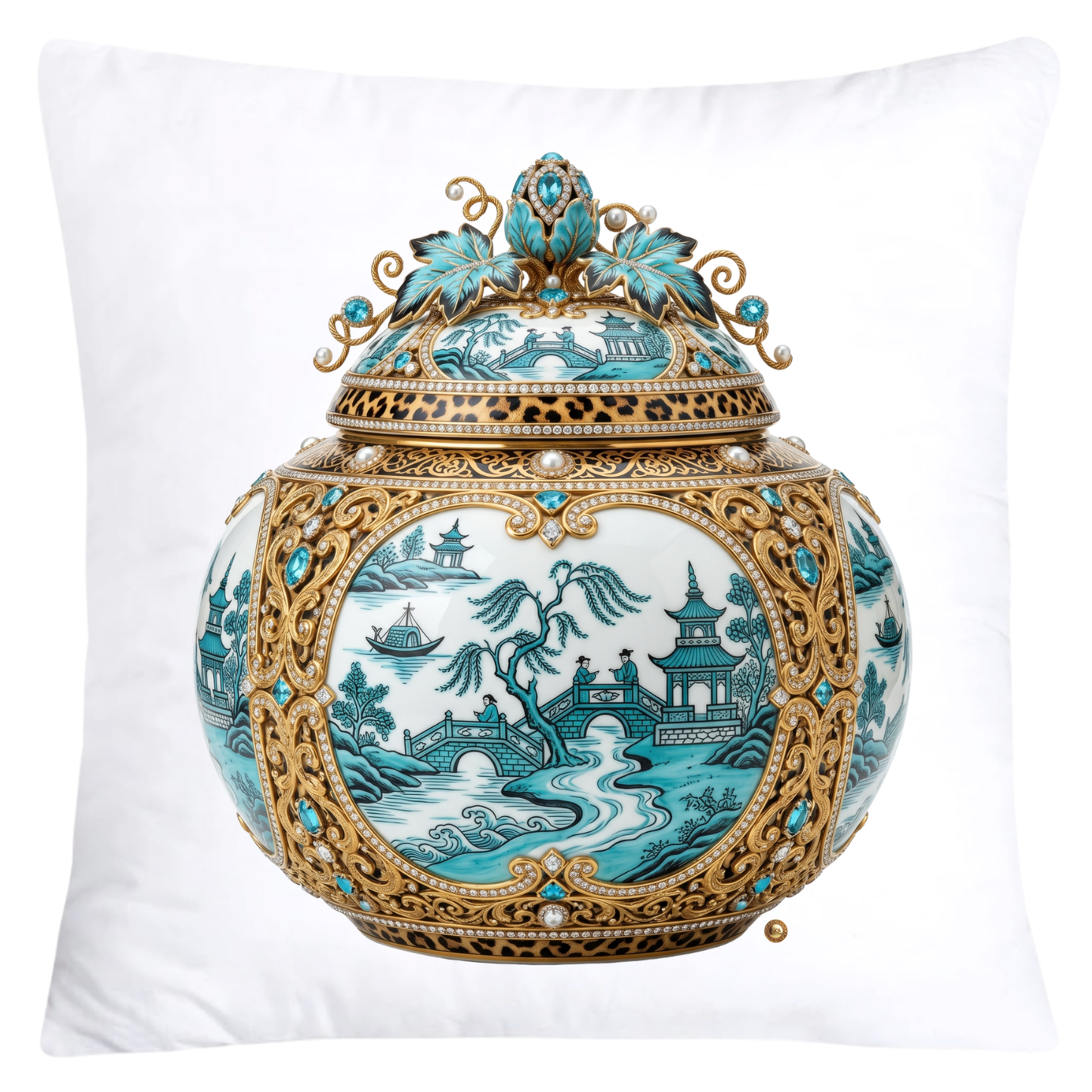 Turquoise Willow and Leopard Print Pumpkin Ginger Jar Pillow Covers-6069