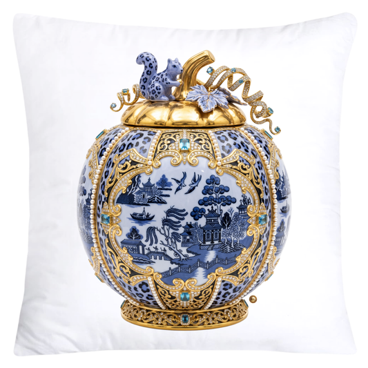 Periwinkle Blue Willow and Leopard Print Pumpkin Ginger Jar Pillow Covers-6053