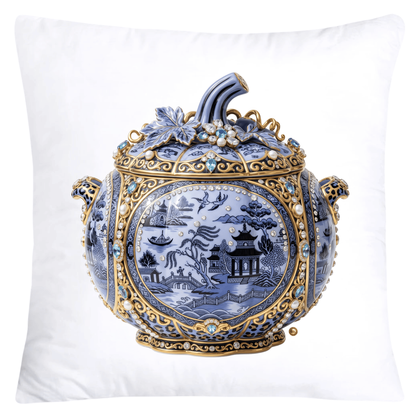 Periwinkle Blue Willow and Leopard Print Pumpkin Ginger Jar Pillow Covers-6055