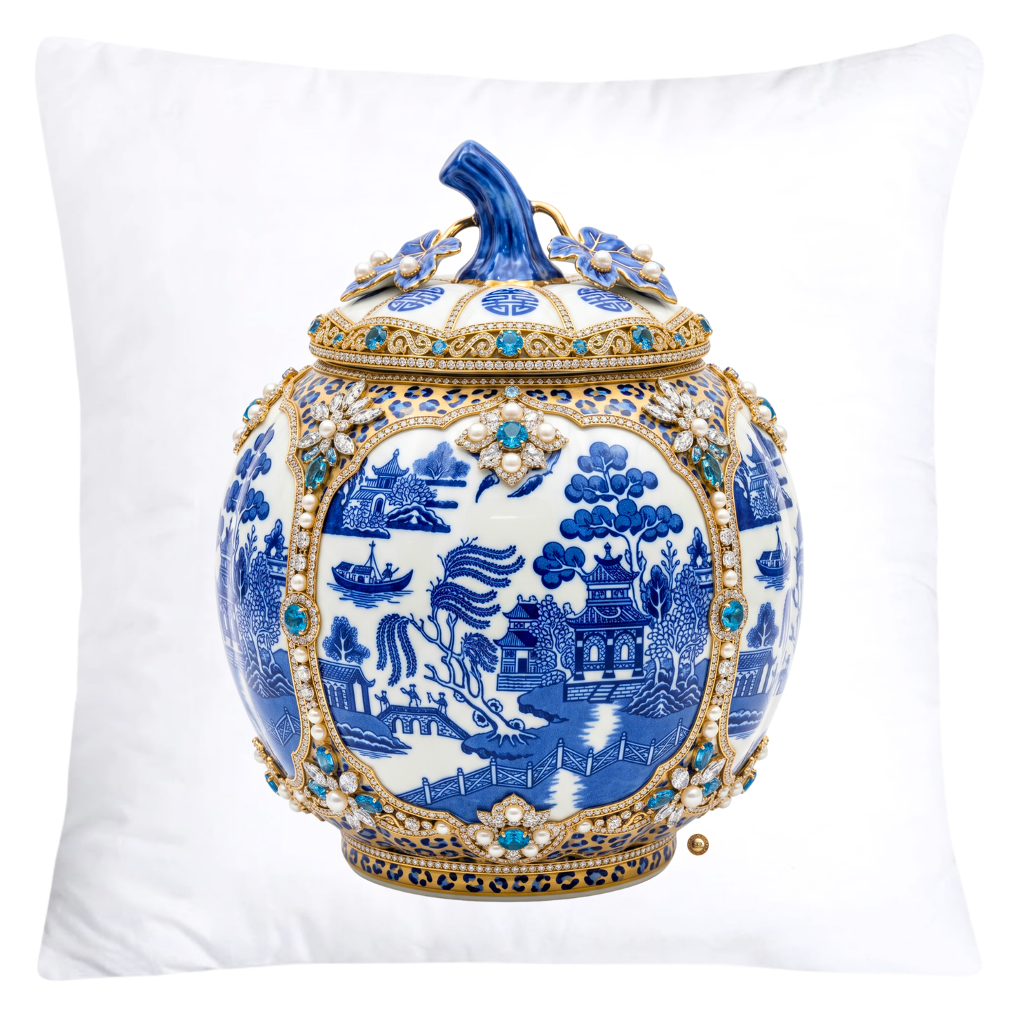 Blue Willow and Leopard Print Pumpkin Ginger Jar Pillow Covers-6032