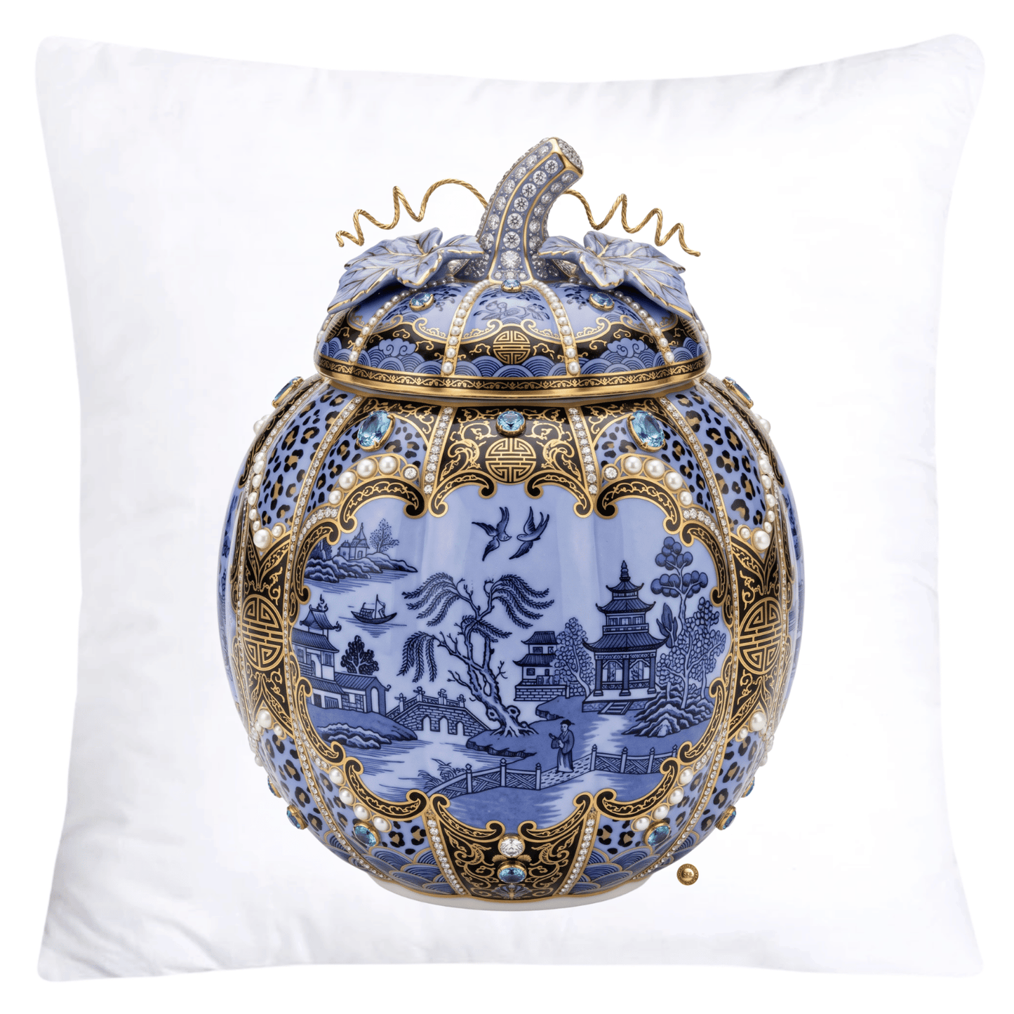 Periwinkle Blue Willow and Leopard Print Pumpkin Ginger Jar Pillow Covers-6054