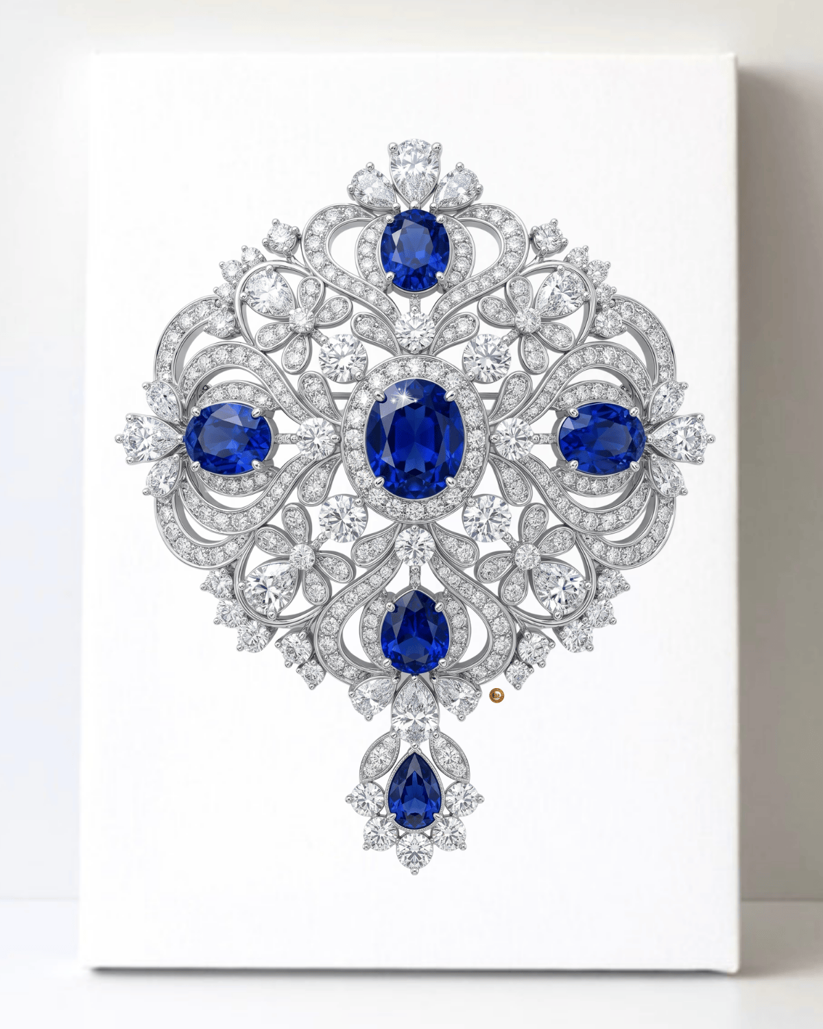 Dazzling Silver Sapphire and Diamond Brooch/Pin Canvas Wall Art 8.5x11.5-5659