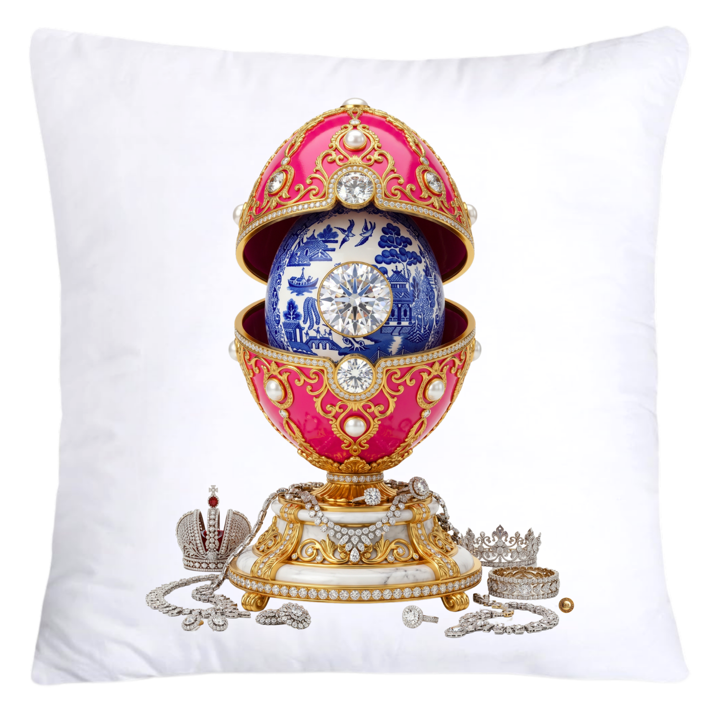 Iridescent Hot Pink, Blue Willow/Gold Inspired Faberge Egg Pillow Covers-5375