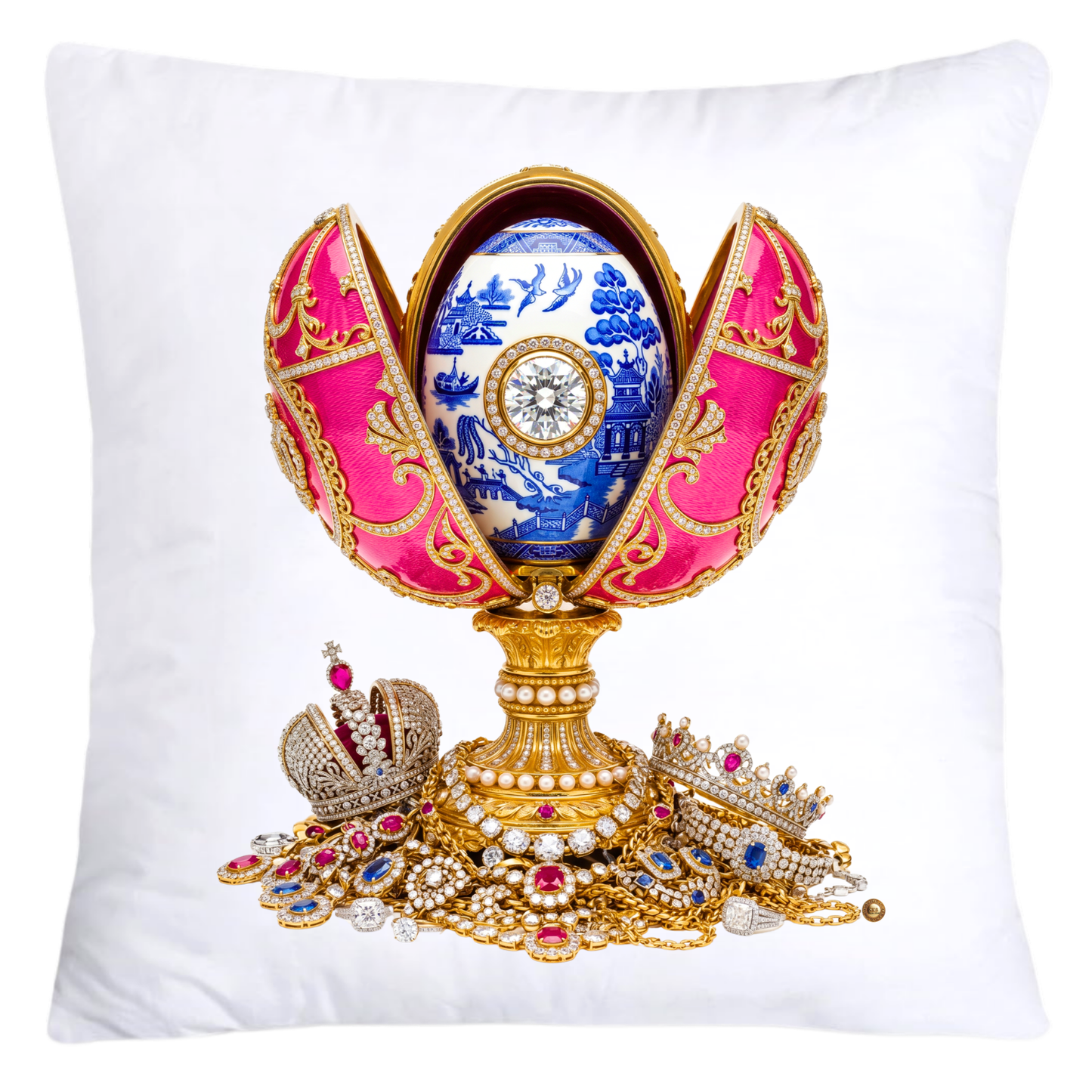 Iridescent Hot Pink, Blue Willow/Gold Inspired Faberge Egg Pillow Covers-5372
