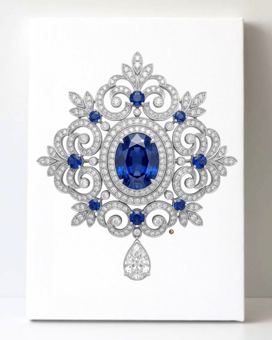 Dazzling Silver Sapphire and Diamond Brooch/Pin Canvas Wall Art 8.5x11.5-5654