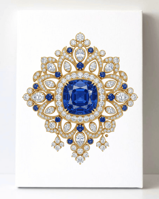 Dazzling Gold Sapphire and Diamond Brooch/Pin Canvas Wall Art 8.5x11.5-5669