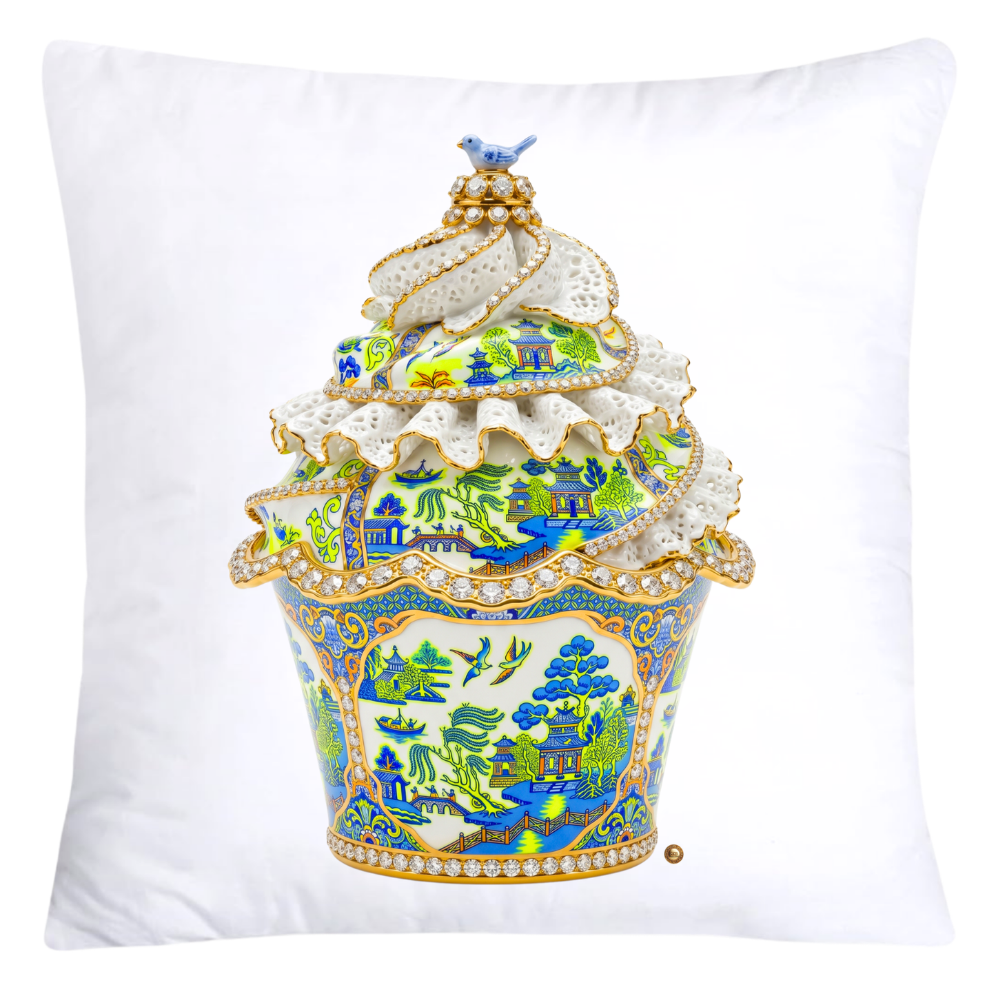 Chartreuse, Neon Lime Green and Blue Willow Cupcake Throw Pillow Covers-5826
